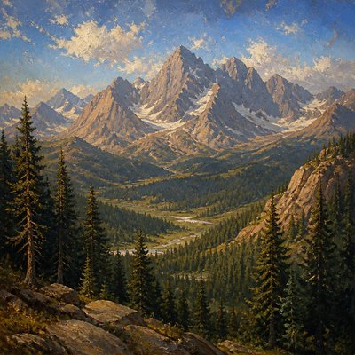 a mountain range above a pine valley, clear sky