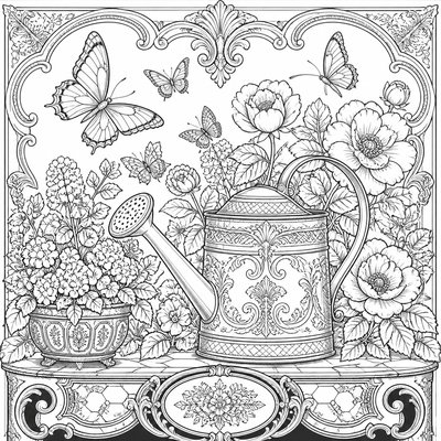a garden scene with butterflies, flowers and a watering can, clean uncolored line art, no text