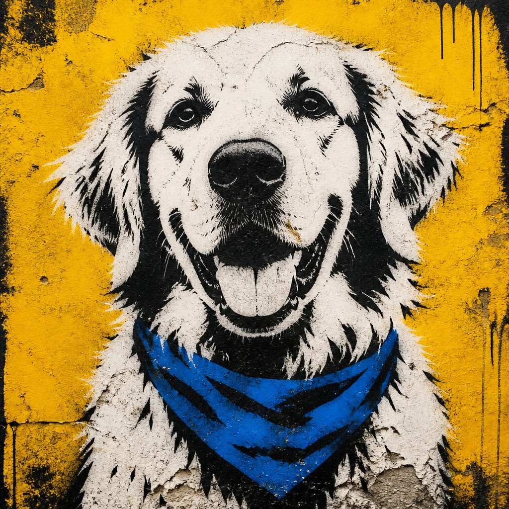 portrait of a golden retriever wearing a blue bandana, warm plain backdrop, no text