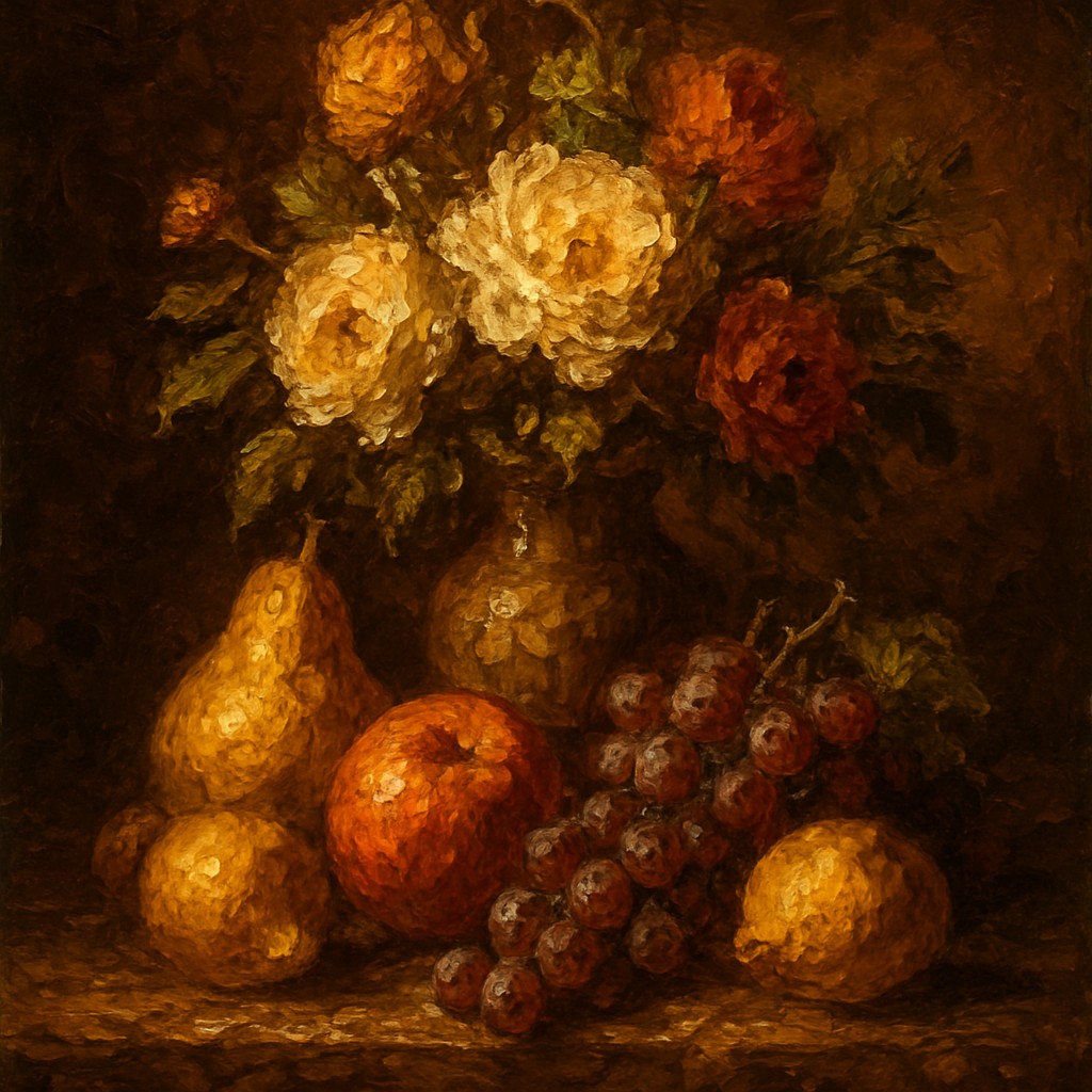still life arrangement of fruits and flowers