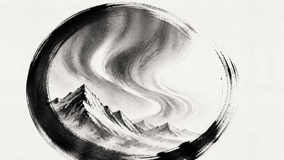 a flowing aurora over snowy peaks, wide sweeping composition, no people, no text