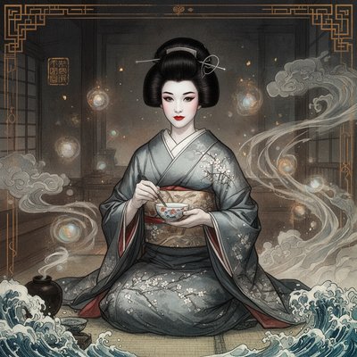 Cinematic Film Style, Traditional Japanese Ukiyo-e Influence, a regal and incredibly poised portrait of the geisha Mameha (inspired by Michelle Yeoh). She is seated in a refined, dimly lit wooden teahouse, her posture perfectly upright and elegant. She wears a heavy silk kimono in peaceful, sophisticated colors like slate blue and silver, with delicate hand-painted motifs of plum blossoms. Her face is a "mask" of white traditional makeup, featuring sharp red lips and wise, observant eyes that convey deep intelligence. She is in the middle of a ritual, perhaps holding a delicate porcelain tea bowl with perfectly choreographed hands. The lighting is soft and atmospheric, catching the shimmer of her silk and the intricate details of her high, lacquered hairstyle adorned with a single, understated silver hairpin. Focus on the feeling of quiet power, impeccable grace, and the stillness of a master artist.
