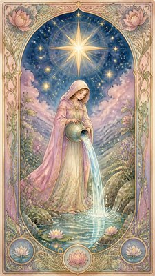 a robed figure pouring water beneath a large eight-pointed star in a night sky, symmetrical composition with an ornate decorative border, no text