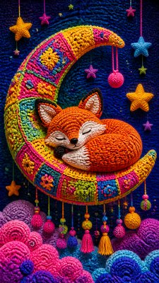 a sleeping baby fox curled on a crescent moon among soft stars, gentle and warm, no text