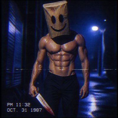 Je veux que tu me dessines un homme abdo incroyable un peu comme un slasher avec un couteau et un mask en paper bag avec un sourire creepy il a un pantalon normal Je veux aucun texte , et des couleurs, hyper froides, aucune couleur chaude à part le rouge vif peut-être du blanc et du noir c’est tout
 Et bien évidemment, je veux que la peau soit aussi avec des couleurs chaudes, genre une peau beige je veux pas que le masque soit disproportionné, je veux un masque quand même assez grand et un masque beige marron du supermarché