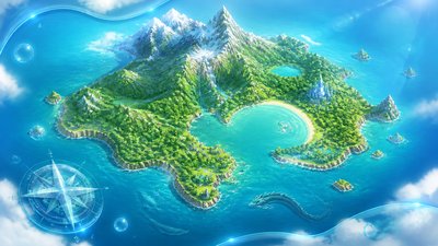 a map of an island realm with mountains, forests, a sheltered bay, sea monsters in the water and a compass rose, no text labels