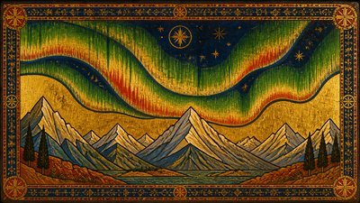 a flowing aurora over snowy peaks, wide sweeping composition, no people, no text