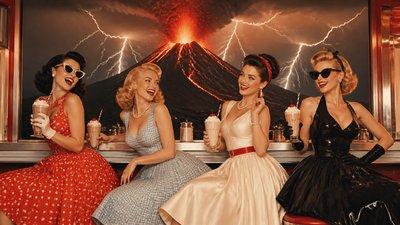an erupting volcano with lightning strikes, dramatic wide composition, no text