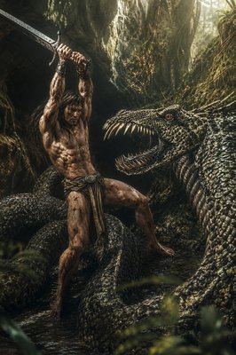 a man with a sword standing next to a crocodile