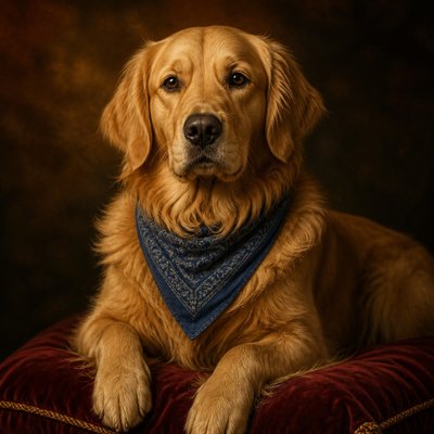 portrait of a golden retriever wearing a blue bandana, warm plain backdrop, no text