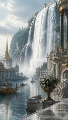 towering waterfall cascading down a cliff