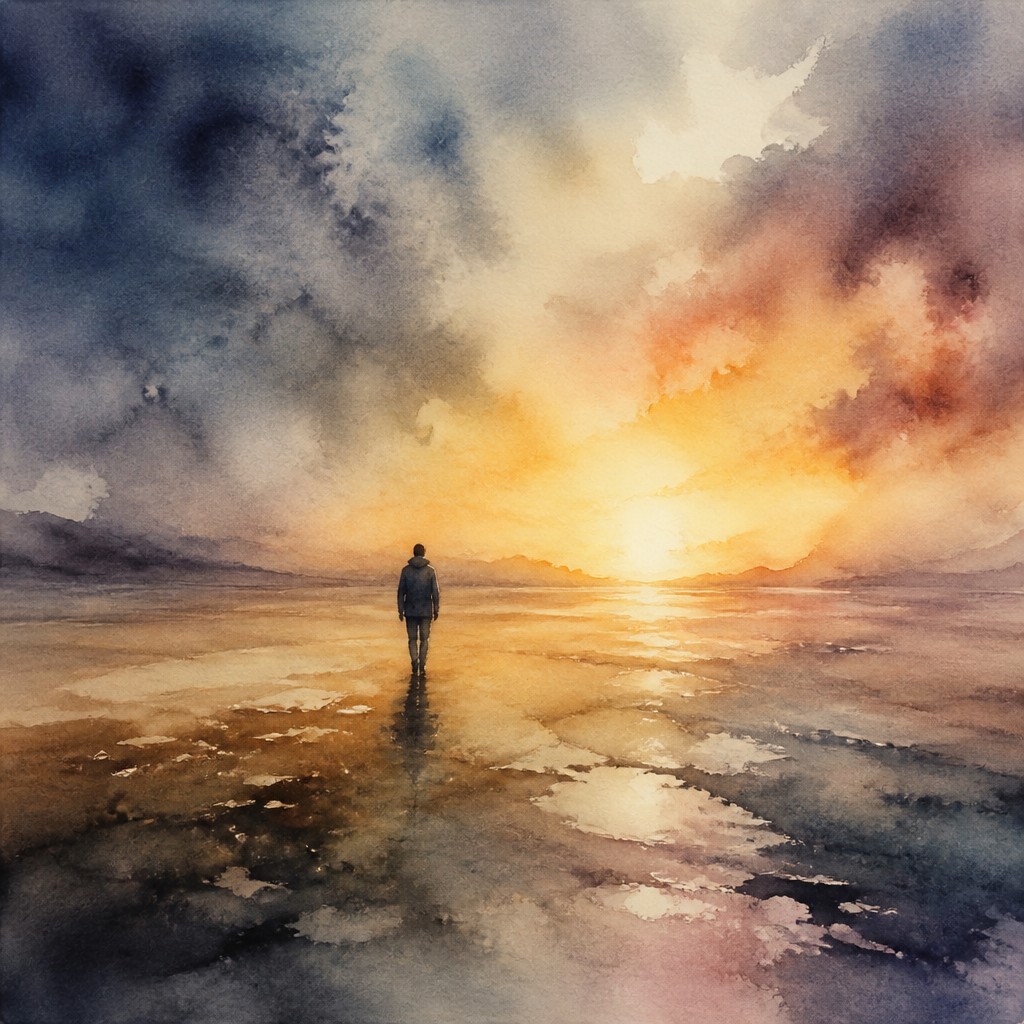 a solitary figure walking toward a glowing horizon across an empty plain, moody atmosphere, no text or lettering