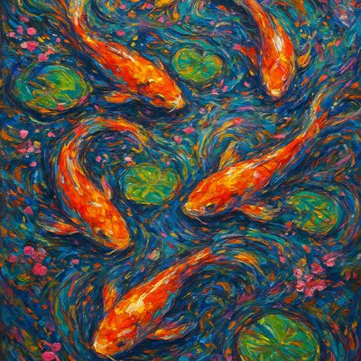 A koi pond seen from above, orange and white koi fish swimming among lily pads, clear water with subtle ripples, fallen cherry blossom petals floating on the surface, dappled sunlight