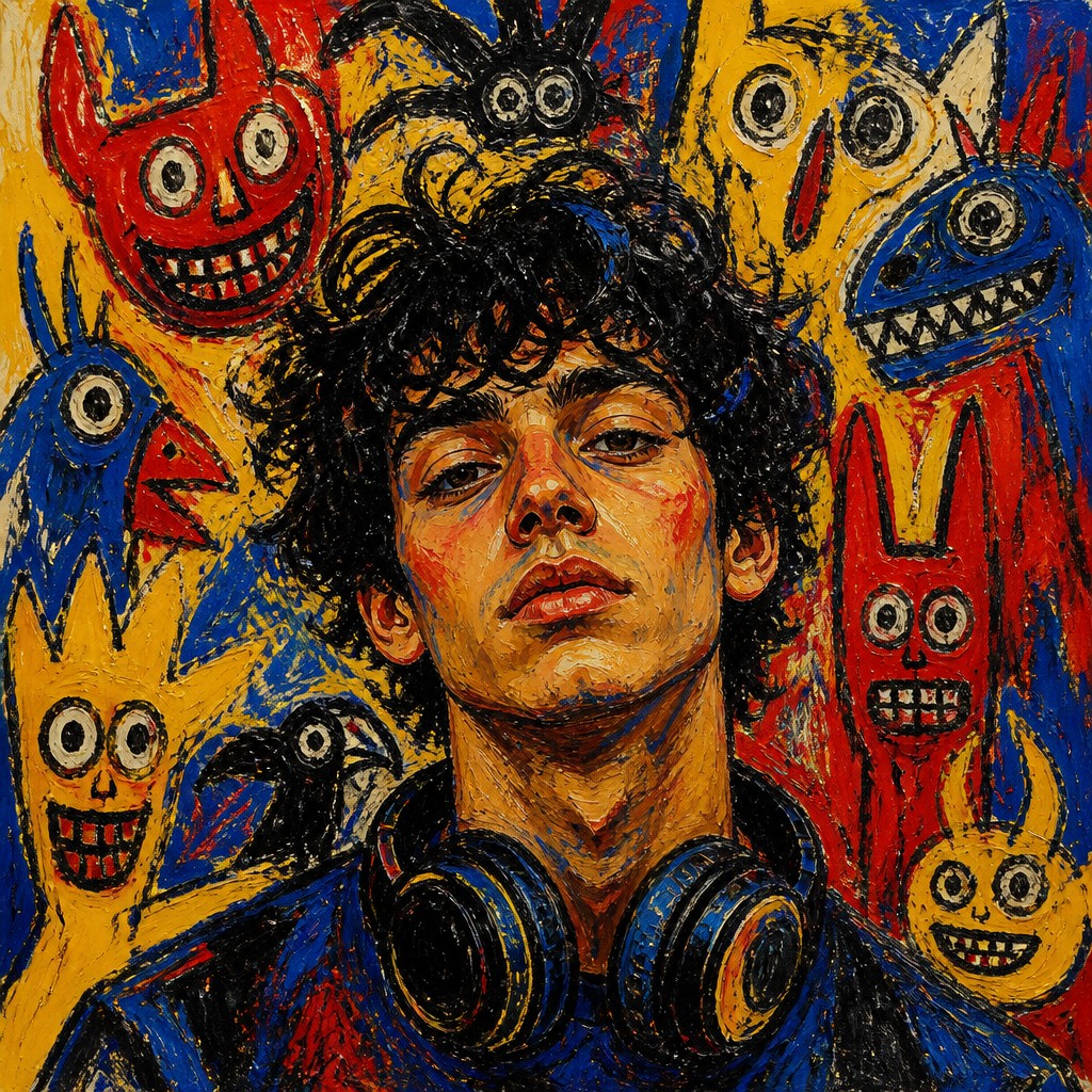 head-and-shoulders portrait of an original character: a young man with curly dark hair and headphones around his neck, plain backdrop, no text