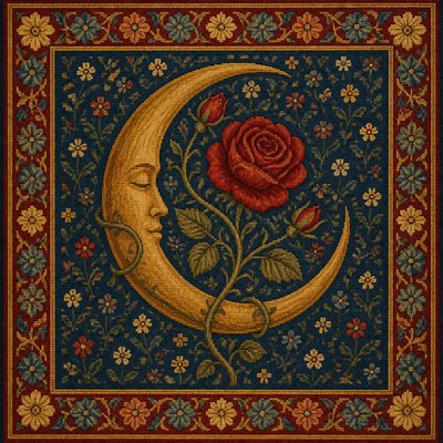 a rose entwined with a crescent moon, clean balanced composition on a plain background, no text