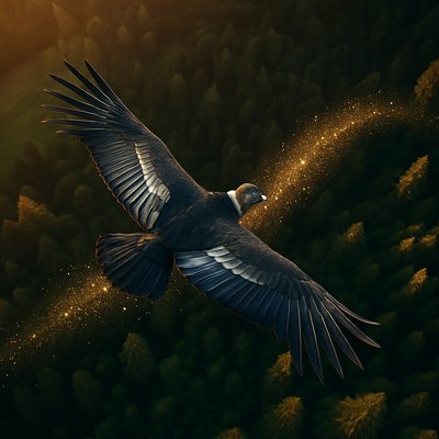 Hyper-realistic Andean condor flying in the sky over a forest, leaving a shimmering trail of glittering sparkles where it goes, extreme detail, photorealistic, cinematic lighting