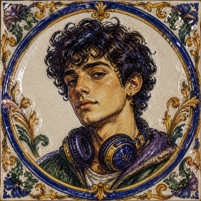 head-and-shoulders portrait of an original character: a young man with curly dark hair and headphones around his neck, plain backdrop, no text