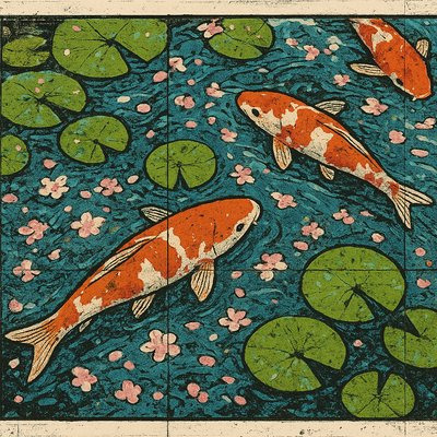 A koi pond seen from above, orange and white koi fish swimming among lily pads, clear water with subtle ripples, fallen cherry blossom petals floating on the surface, dappled sunlight