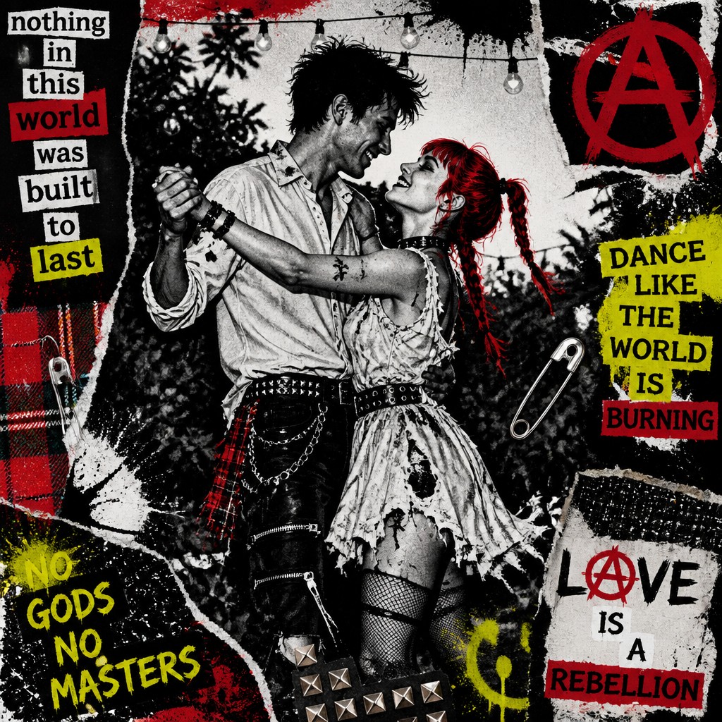 an original couple dancing under string lights in a garden at dusk: a man with short black hair in a linen shirt and a woman with braided red hair in a summer dress