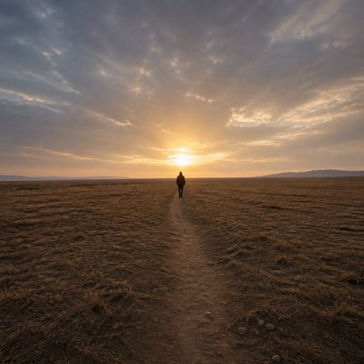 a solitary figure walking toward a glowing horizon across an empty plain, moody atmosphere, no text or lettering