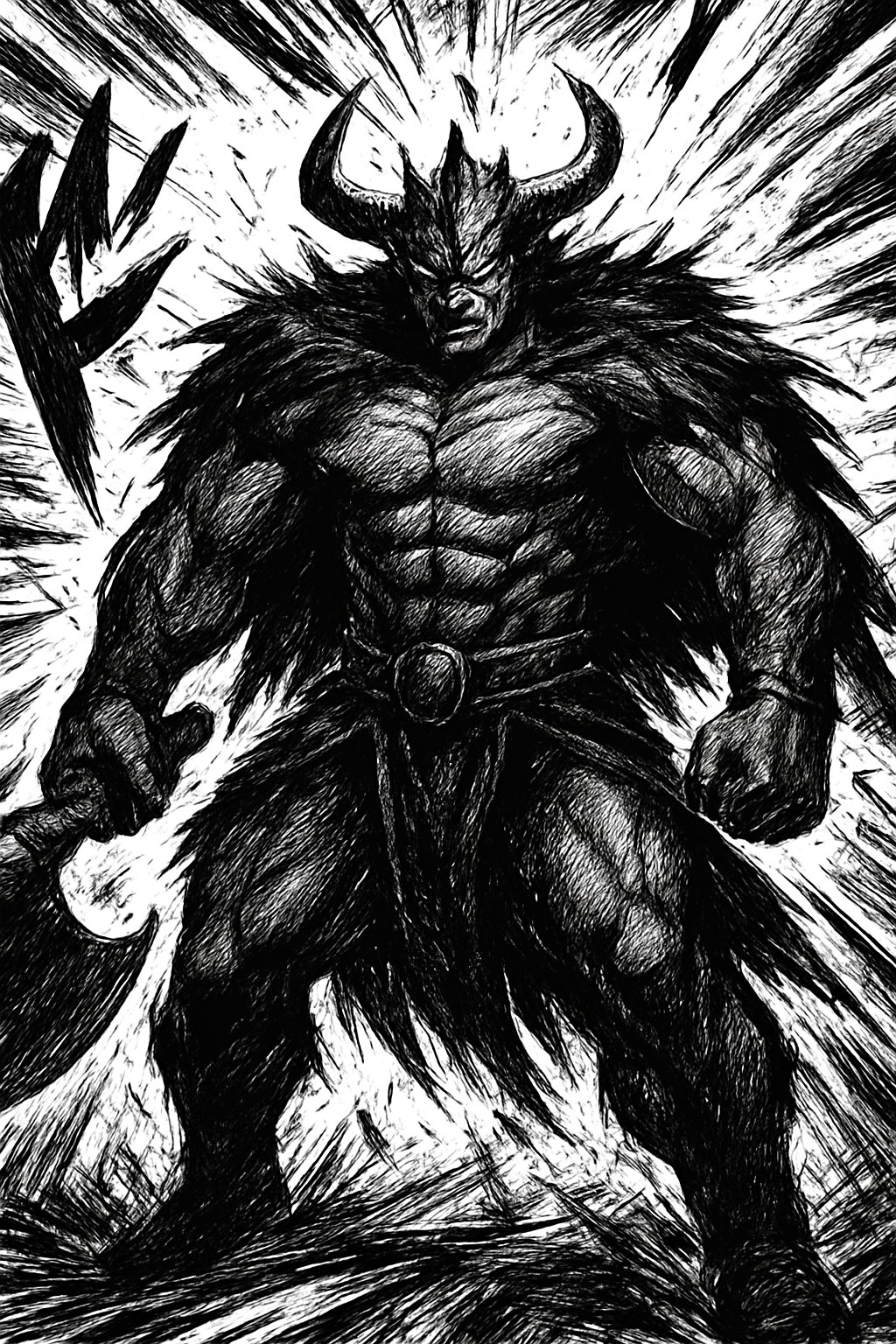 a black and white drawing of a demon