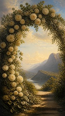 an arch of white roses and eucalyptus in soft morning light, elegant vertical composition with open space, no text