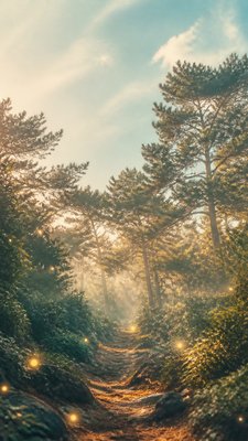 a mysterious forest path with fireflies and drifting mist, atmospheric vertical composition with open space at the top, no text