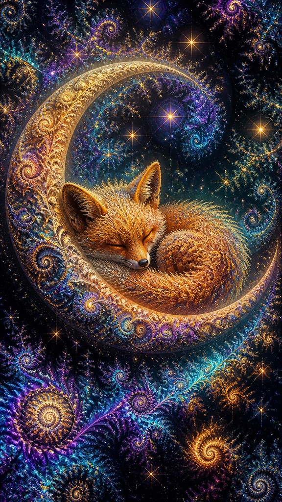 a sleeping baby fox curled on a crescent moon among soft stars, gentle and warm, no text