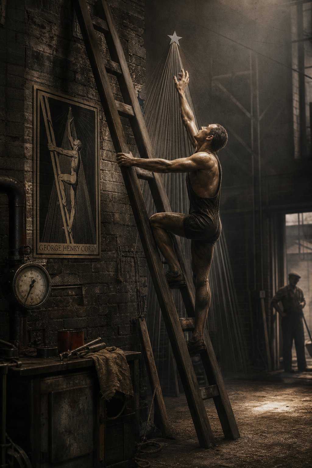 a man climbing up a ladder in a warehouse