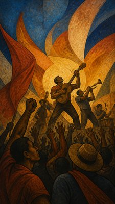 a live music scene with a glowing stage and silhouetted crowd, energetic vertical composition with open space at the top, no text