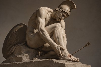 ancient greek ignudi Achilles crouching in pain with an arrow stuck in his foot