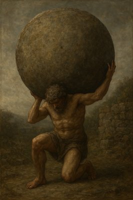 a painting of a man carrying a large stone ball