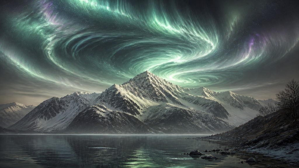 a flowing aurora over snowy peaks, wide sweeping composition, no people, no text