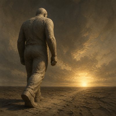 a solitary figure walking toward a glowing horizon across an empty plain, moody atmosphere, no text or lettering