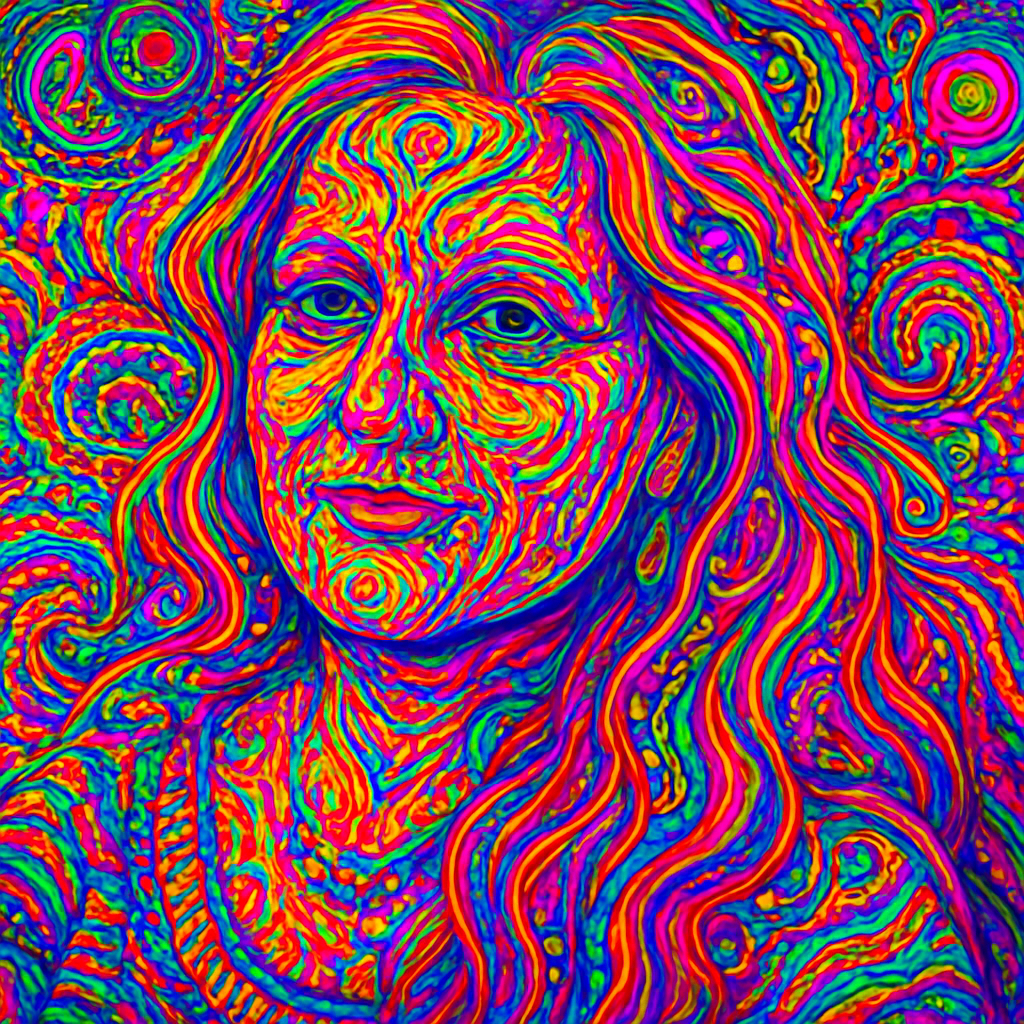 a woman's face with colorful swirls in the background