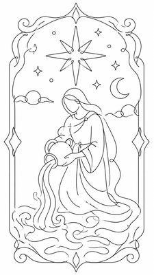 a robed figure pouring water beneath a large eight-pointed star in a night sky, symmetrical composition with an ornate decorative border, no text