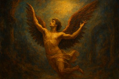 a painting of a man with wings in the air