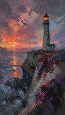 a lone lighthouse on a cliff at dusk under a dramatic sky, no text or lettering
