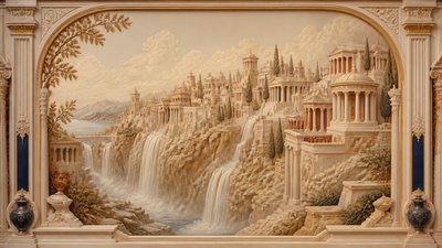 a cliffside city with waterfalls cascading into a misty canyon, wide establishing shot, no people, no text