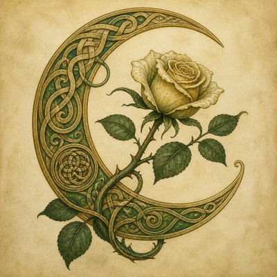 a rose entwined with a crescent moon, clean balanced composition on a plain background, no text