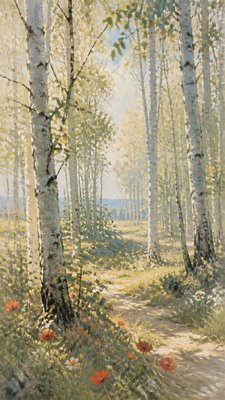 a serene birch forest in soft morning light, no people, no text