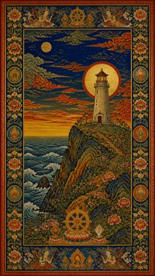 a lone lighthouse on a cliff at dusk under a dramatic sky, no text or lettering