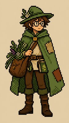full-body original character: a wandering botanist with a satchel of plants, a patched green cloak, tall boots and round glasses, neutral background