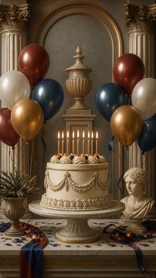 a birthday cake with lit candles surrounded by balloons and confetti, festive vertical composition, no text