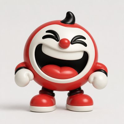an exaggerated laughing face of an original round mascot character, bold and readable at small size, plain background, no text