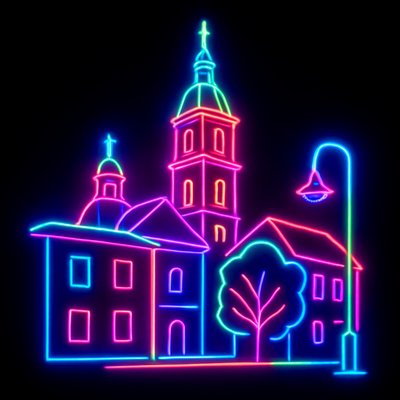 a neon sign with a church in the background
