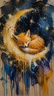 a sleeping baby fox curled on a crescent moon among soft stars, gentle and warm, no text