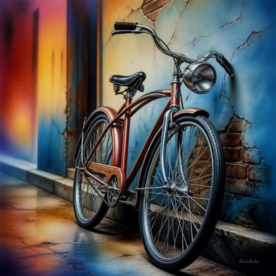 bicyle resting against a wall