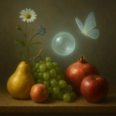 still life arrangement of fruits and flowers