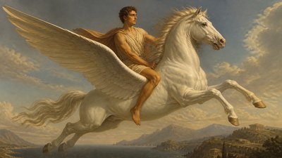 ancient greek athlete riding Pegasus winged horse